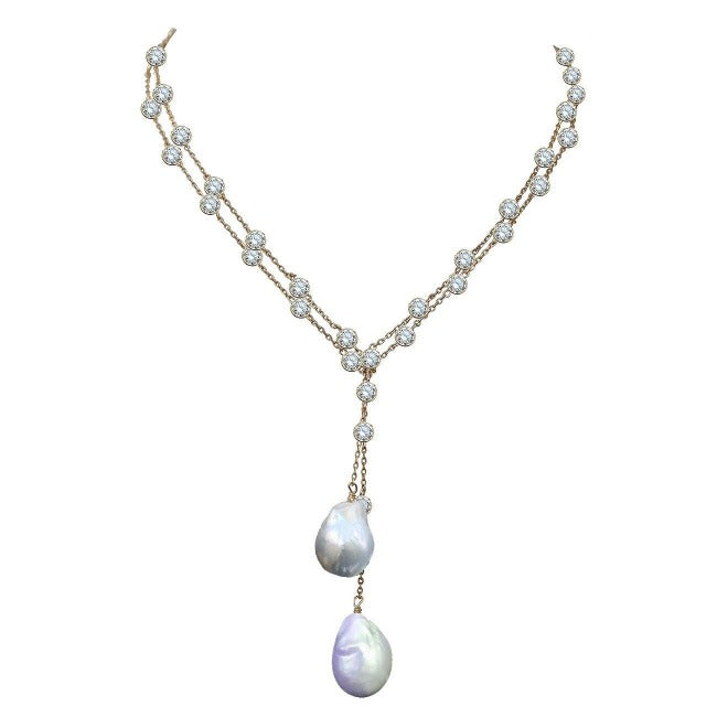 36" Cubic Zirconia with Two Genuine Baroque Pearls Tassel Necklace