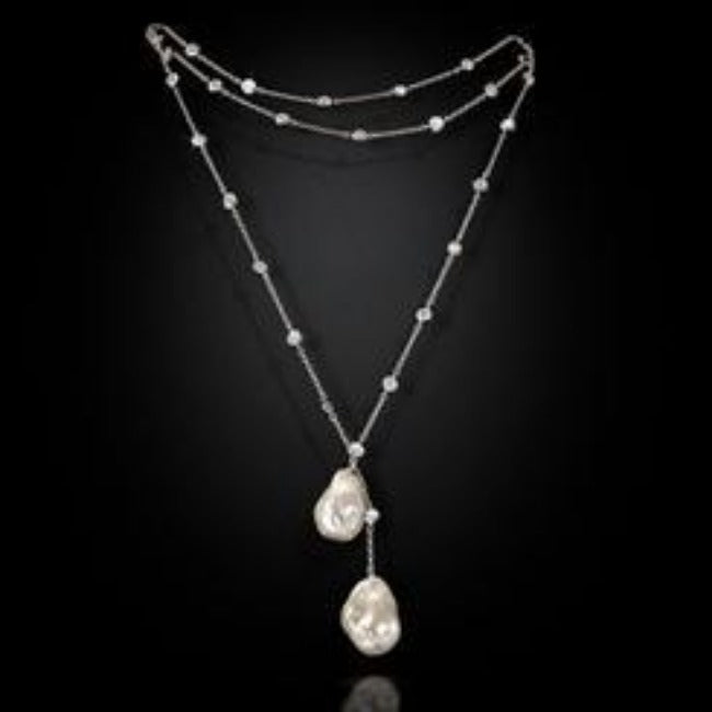 36" Cubic Zirconia with Two Genuine Baroque Pearls Tassel Necklace