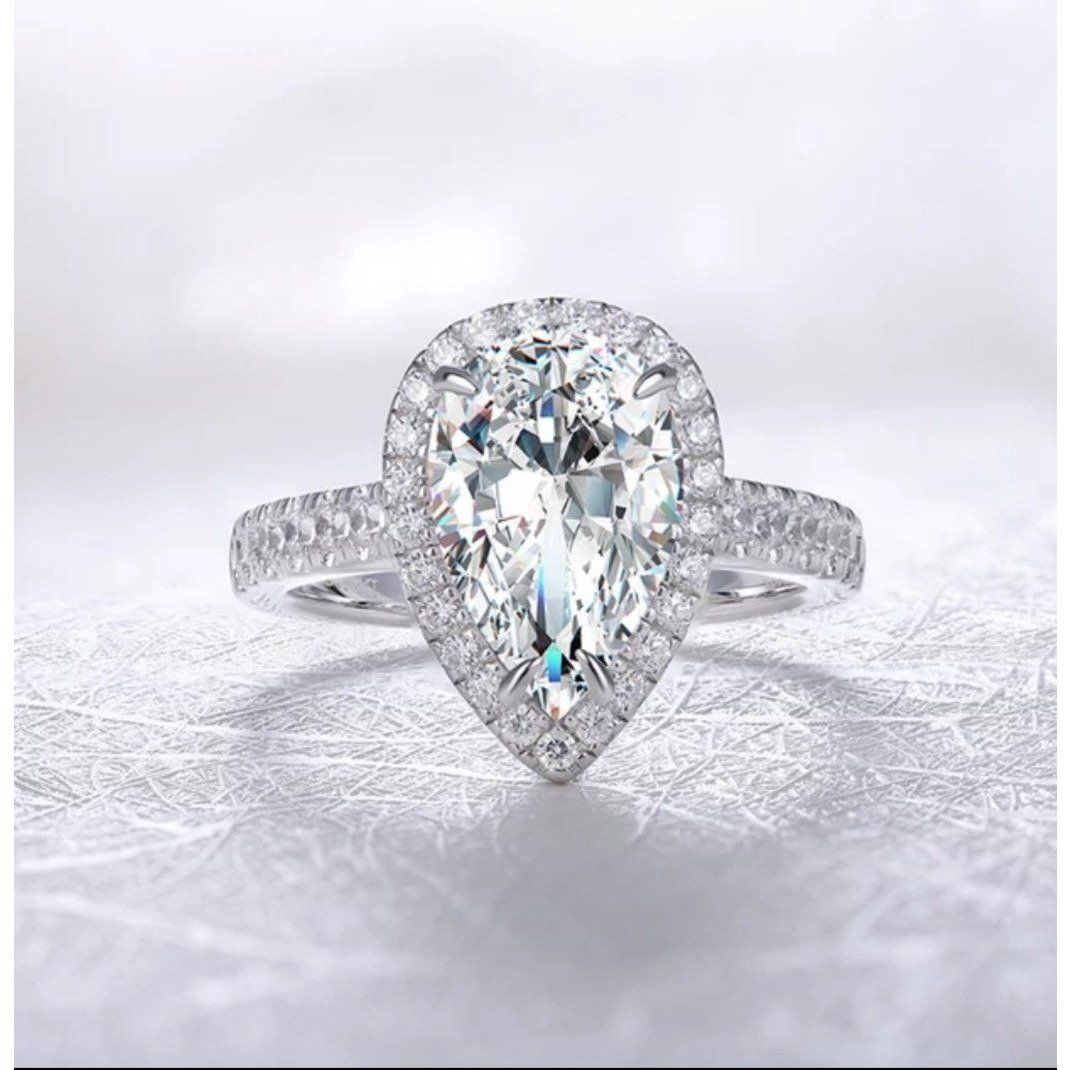 Pear Cut Cubic Zirconia Sterling Silver Ring 3CT or 4CT