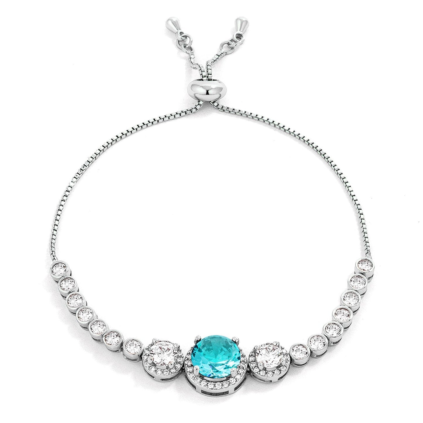 Adjustable Rhodium Plated Graduated Aqua 5.95CT CZ Bolo Style Tennis Bracelet