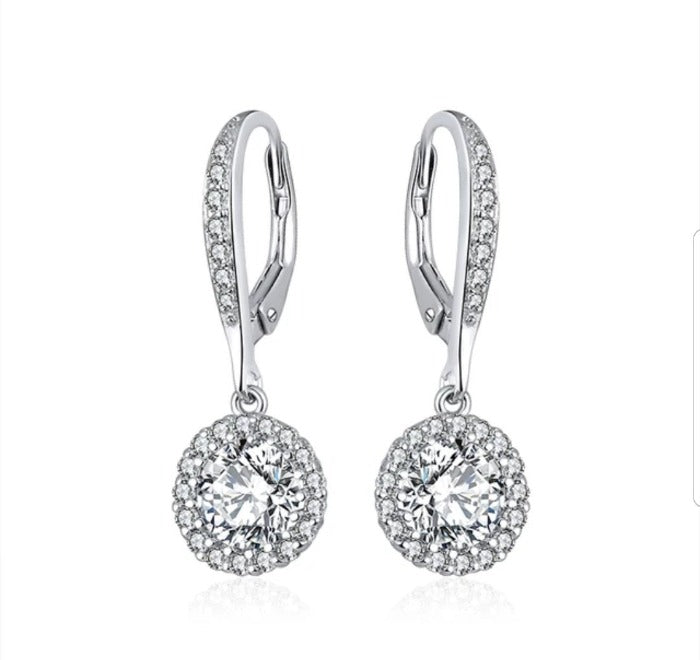 Classic 3CT Cubic Zirconia Sterling Silver Dangle Lever Back Halo Earrings