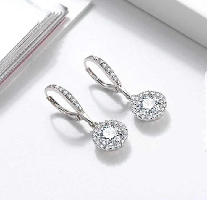 Classic 3CT Cubic Zirconia Sterling Silver Dangle Lever Back Halo Earrings