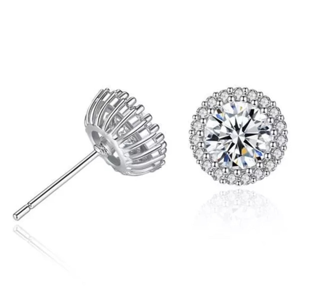 Platinum Plated Sterling Silver Cubic Zirconia Halo Post Earrings