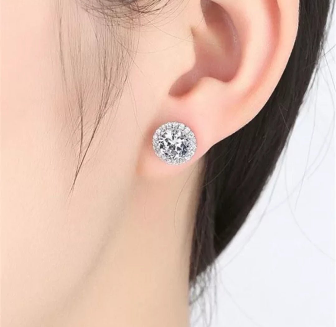 Platinum Plated Sterling Silver Cubic Zirconia Halo Post Earrings
