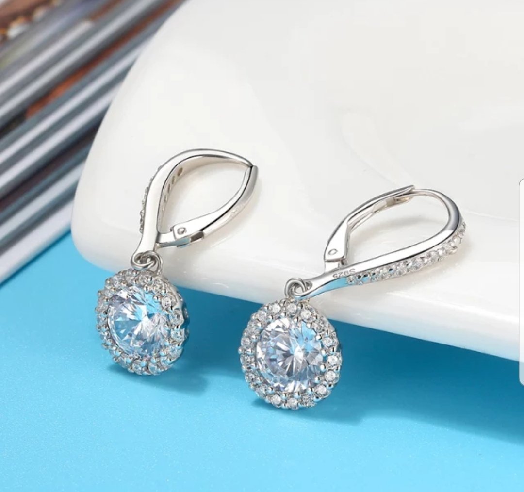 Classic 3CT Cubic Zirconia Sterling Silver Dangle Lever Back Halo Earrings