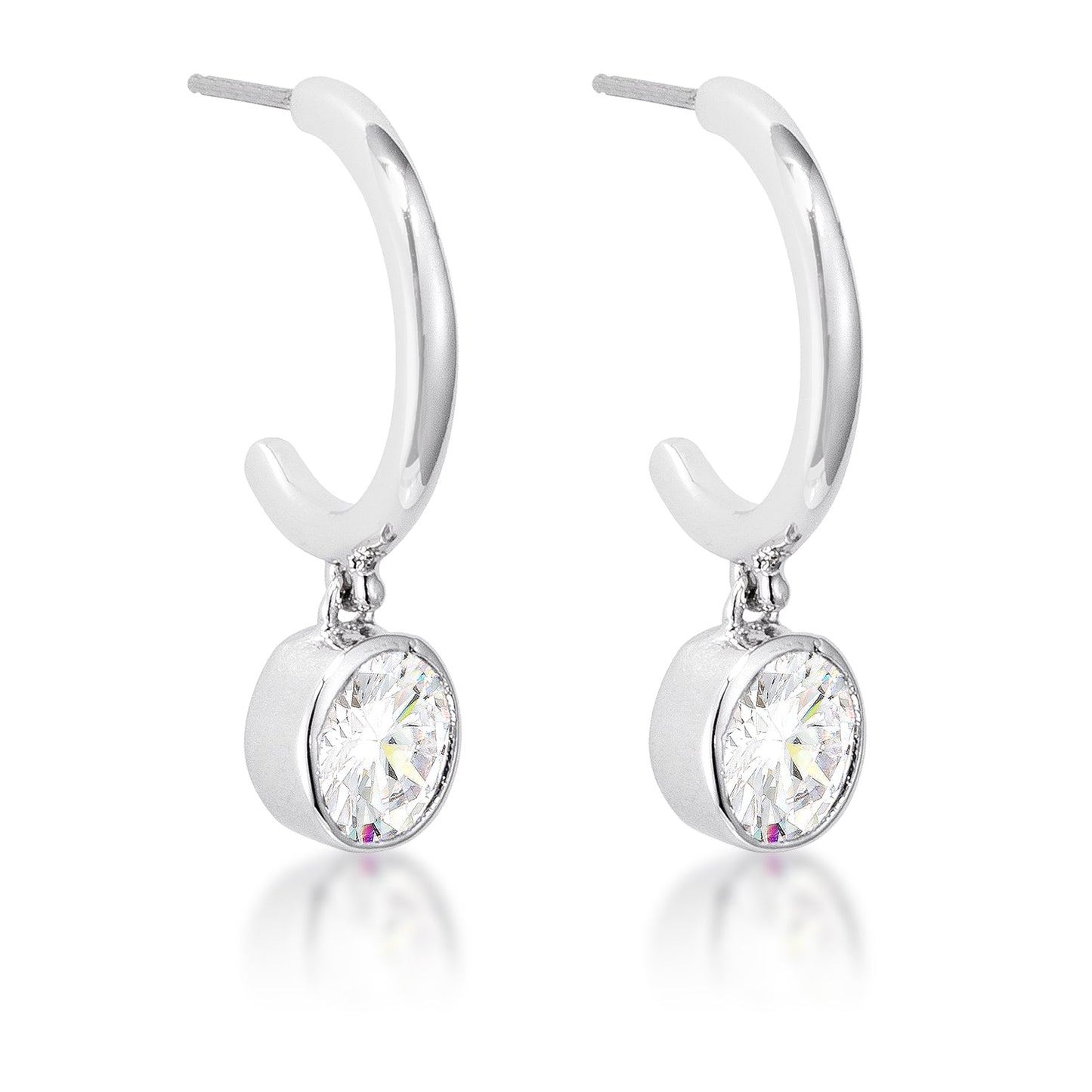 7mm CZ Rhodium Plated Drop Hoop Earrings