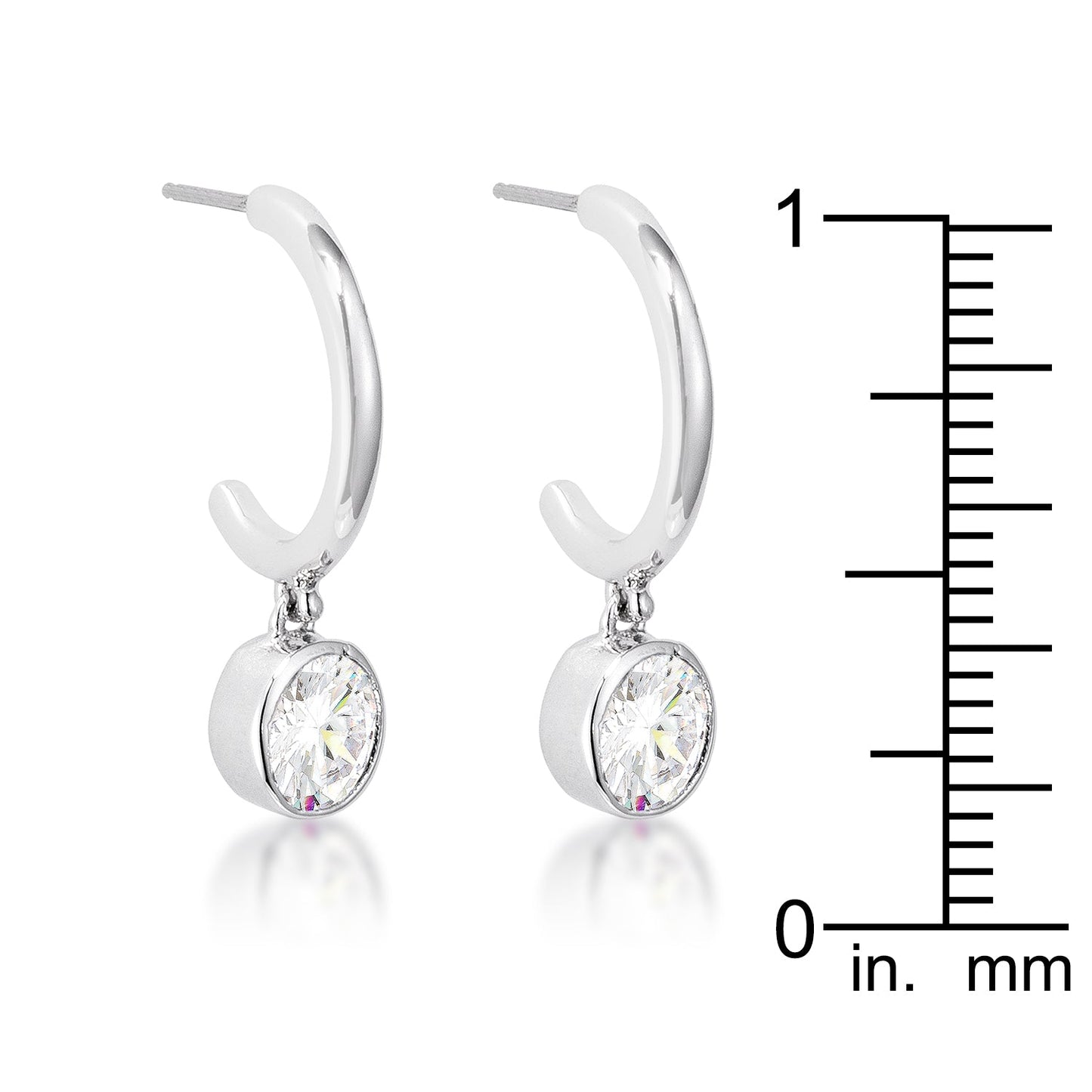 7mm CZ Rhodium Plated Drop Hoop Earrings