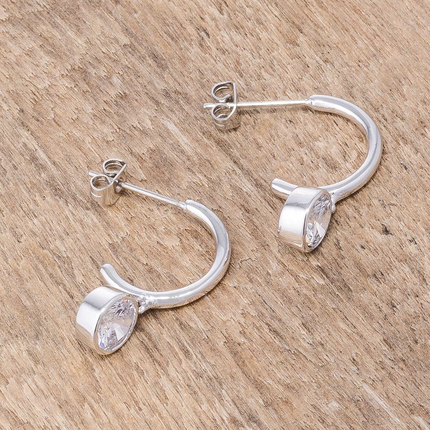 7mm CZ Rhodium Plated Drop Hoop Earrings