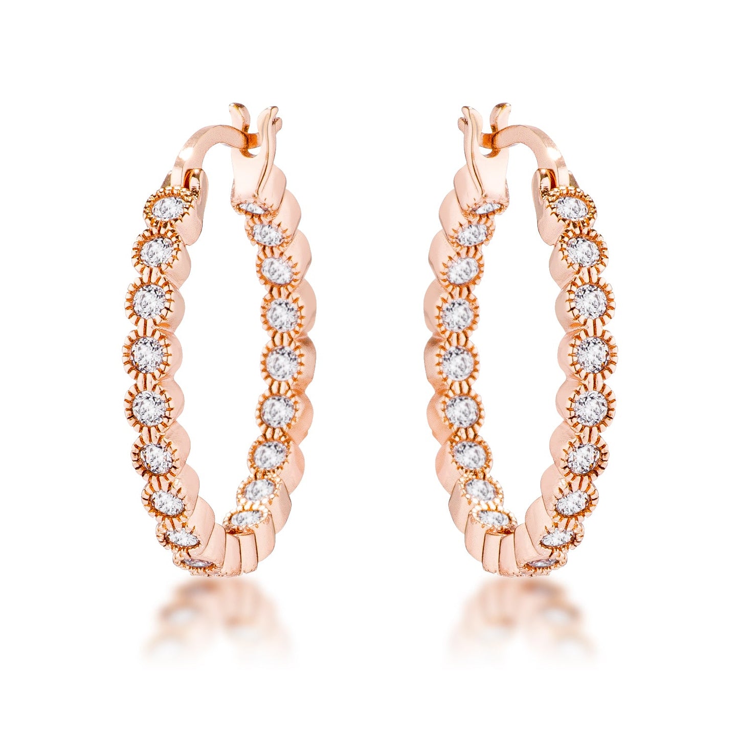Rose Gold Plated Clear CZ Round Bezel Hoop Earrings