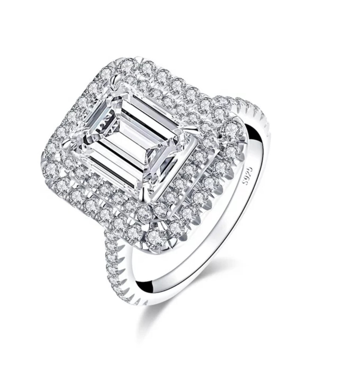 2CT Emerald Cut Cubic Zirconia Double Halo Ring
