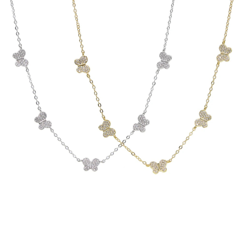 Gorgeous Micro Pave Butterfly Station Necklace on Sterling Silver with Rhodium or Gold Plated