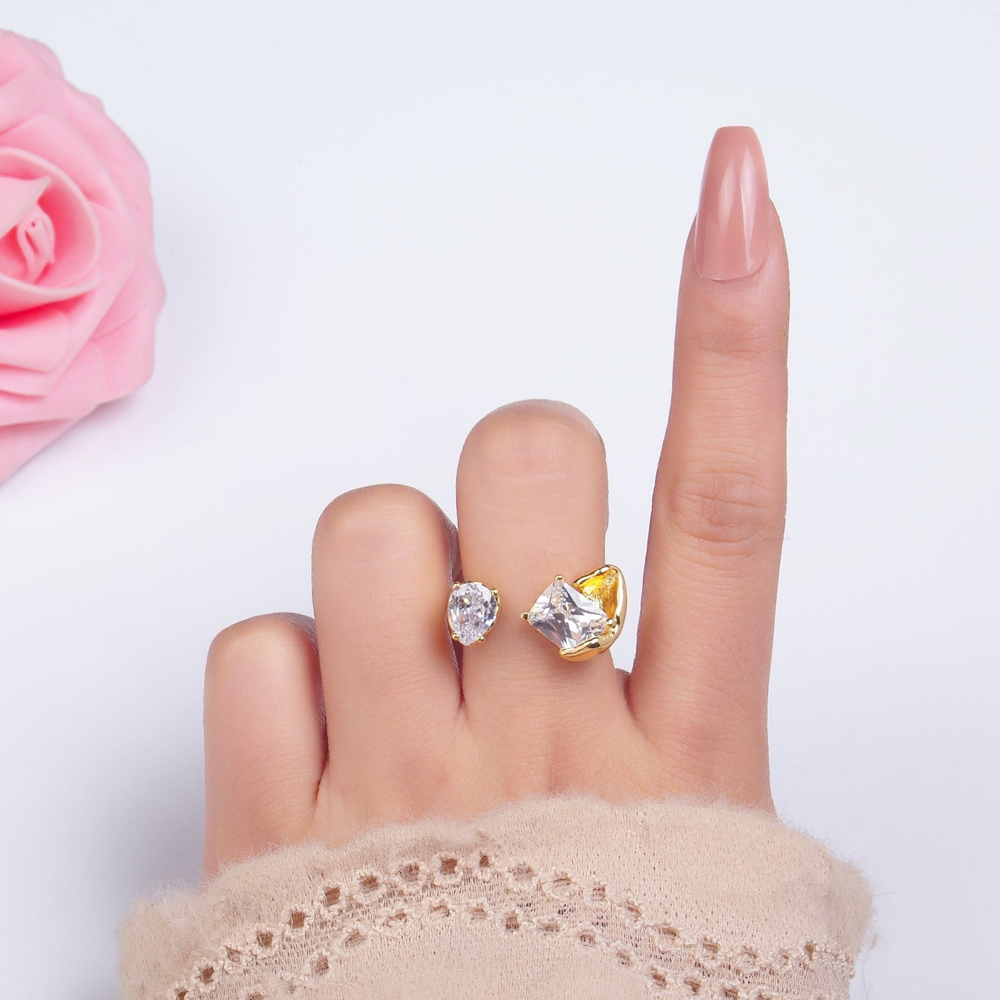 24K Gold Filled Clear CZ Baguette Teardrop Molten Wrap Ring