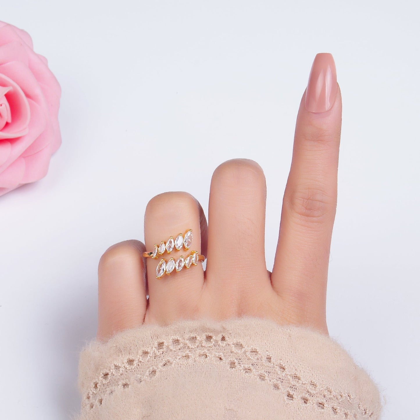 Beautifull 24K Gold-Filled Marquise CZ Open Wrap Claw Ring