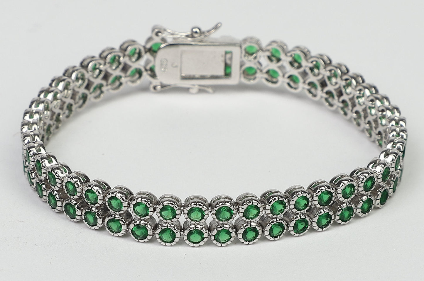 Stunning Two Rows of Colored Cubic Zirconia Sterling Silver with Double Safety Lock Bracelet