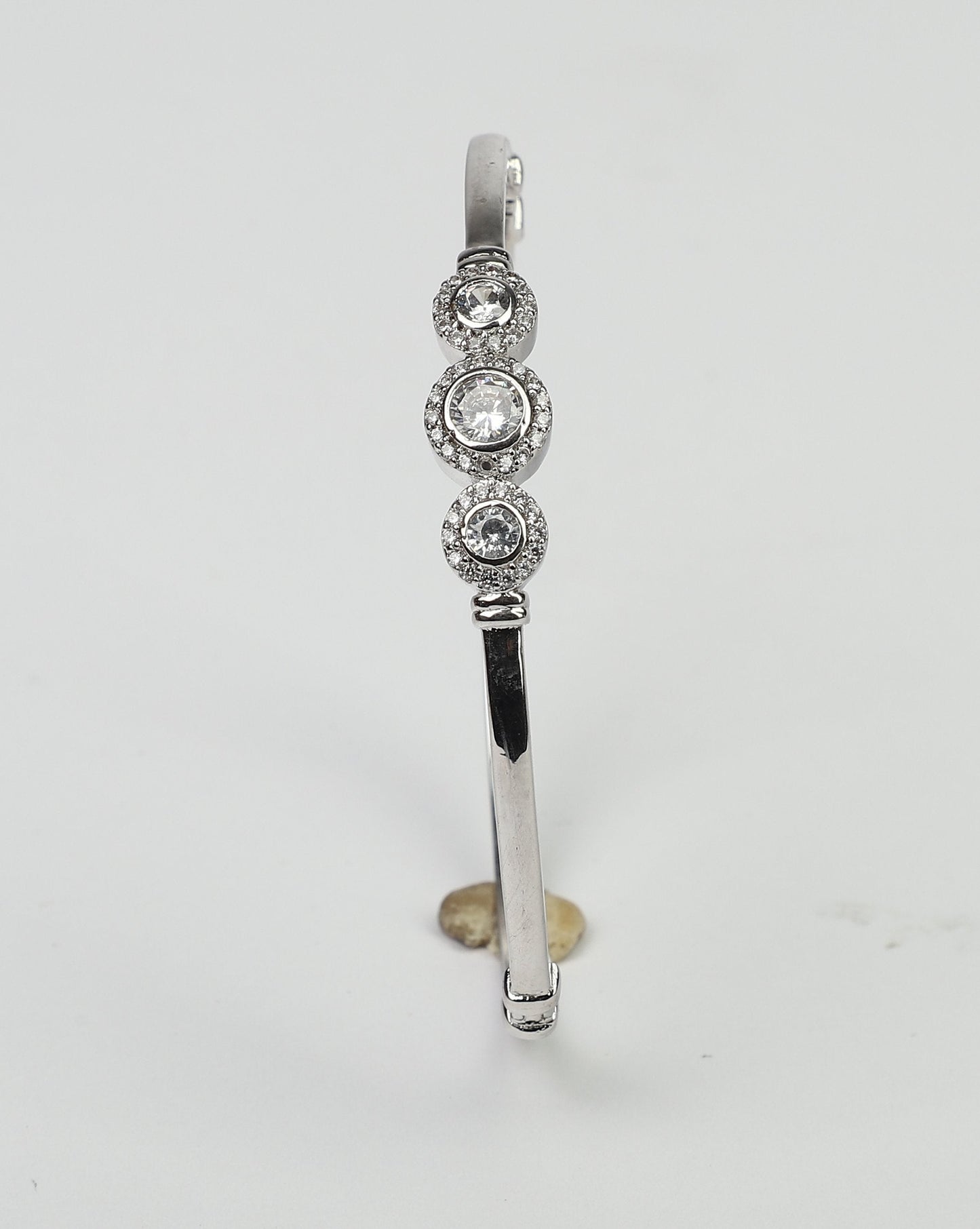Hinged Cubic Zirconia 3-Stone Bezel Rhodium Bangle Bracelet