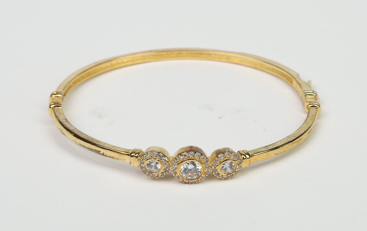 Hinged Cubic Zirconia 3-Stones Bezel Rhodium Bangle Bracelet