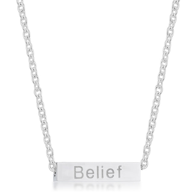 BELIEF Rhodium Stainless Steel Bar Script Necklace