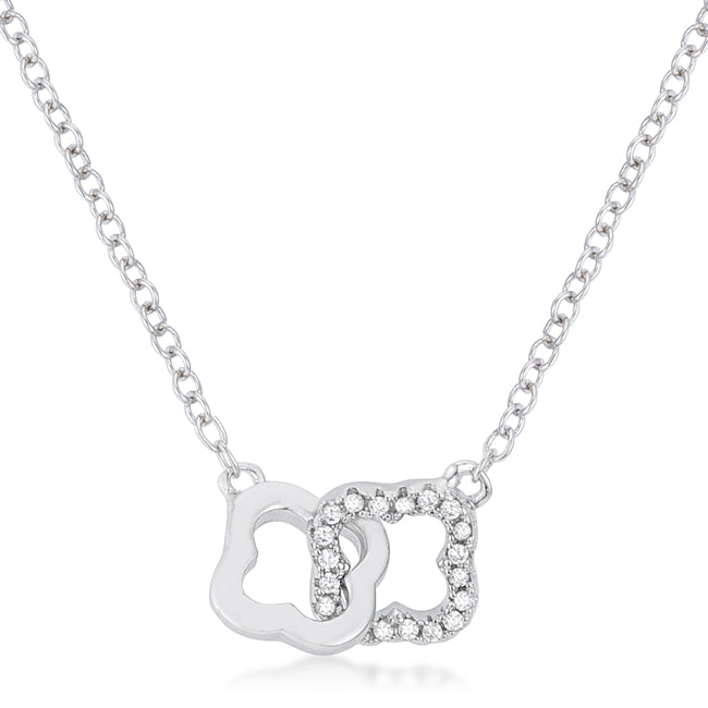 Dainty .21 Ct CZ Rhodium Plated Necklace with Floral Clover Links