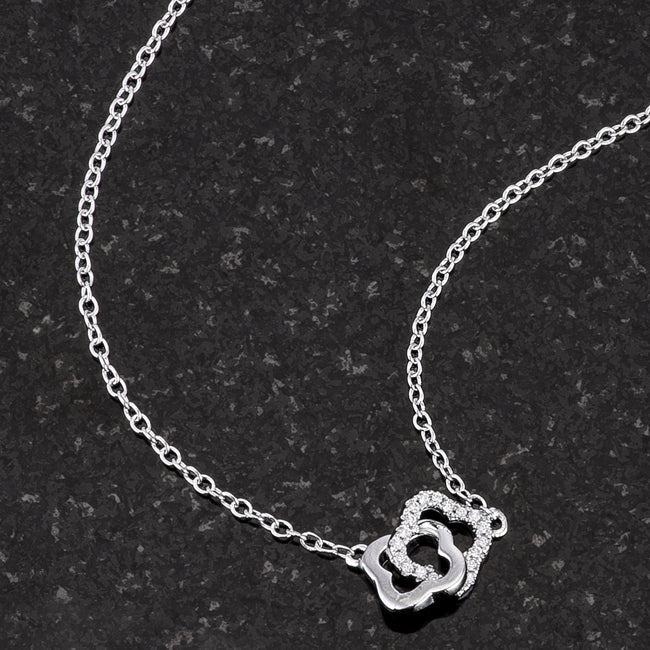 Dainty .21 Ct CZ Rhodium Plated Necklace with Floral Clover Links