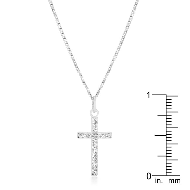 Simple Rhodium Plated CZ Cross Pendant Necklace