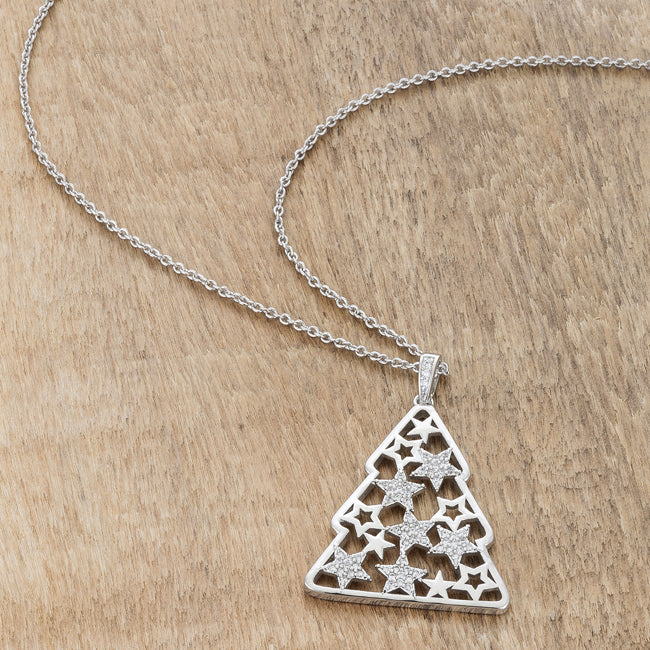 Festive .2CT CZ Rhodium Christmas Tree with Mixed Stars Pave Holiday Pendant Necklace