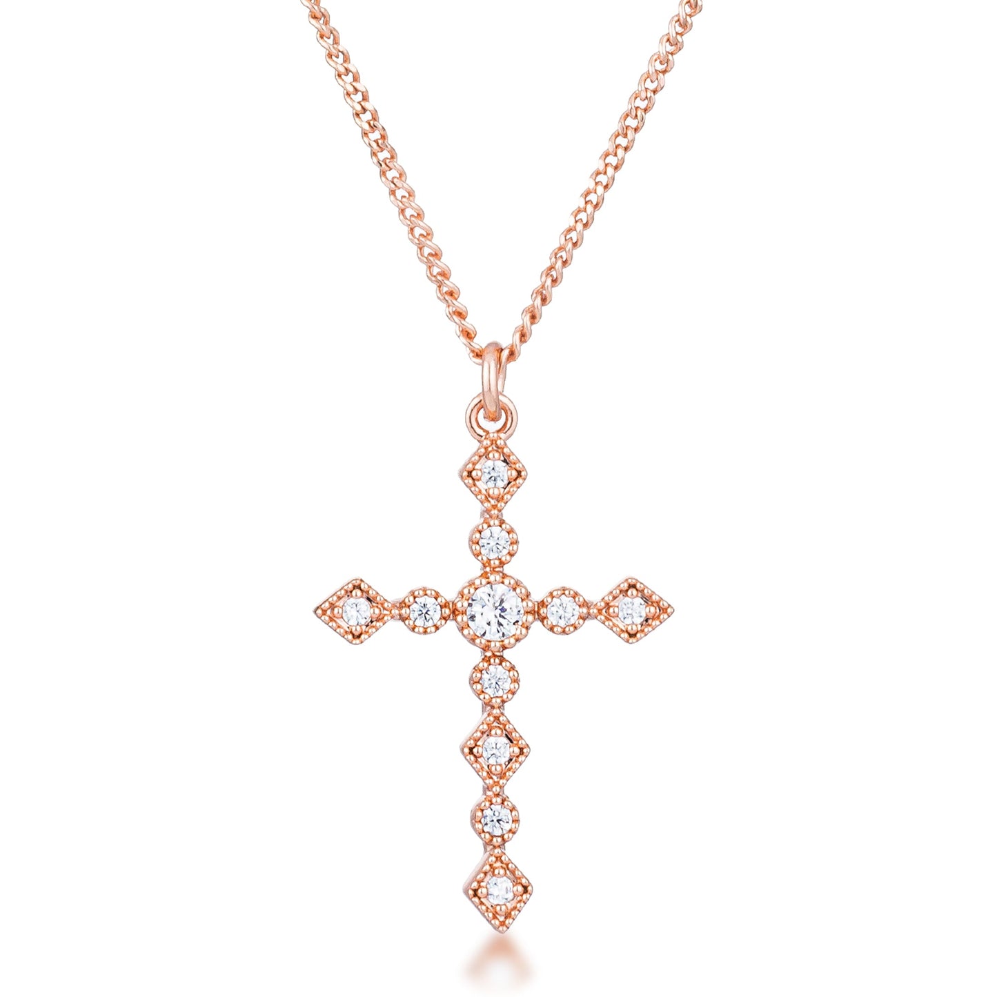 Dainty Art Deco Rose Gold Plated Clear CZ Cross Pendant Necklace