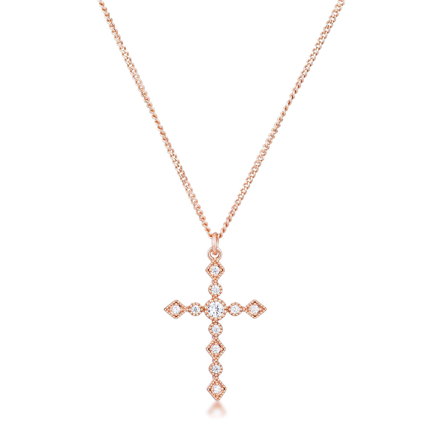 Dainty Art Deco Rose Gold Plated Clear CZ Cross Pendant Necklace