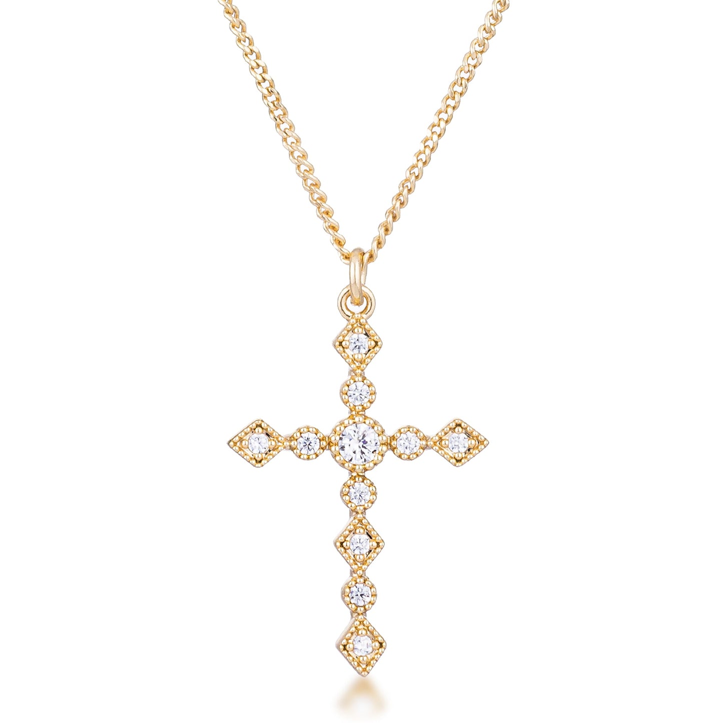 Dainty Art Deco Gold Plated Clear CZ Cross Pendant Necklace