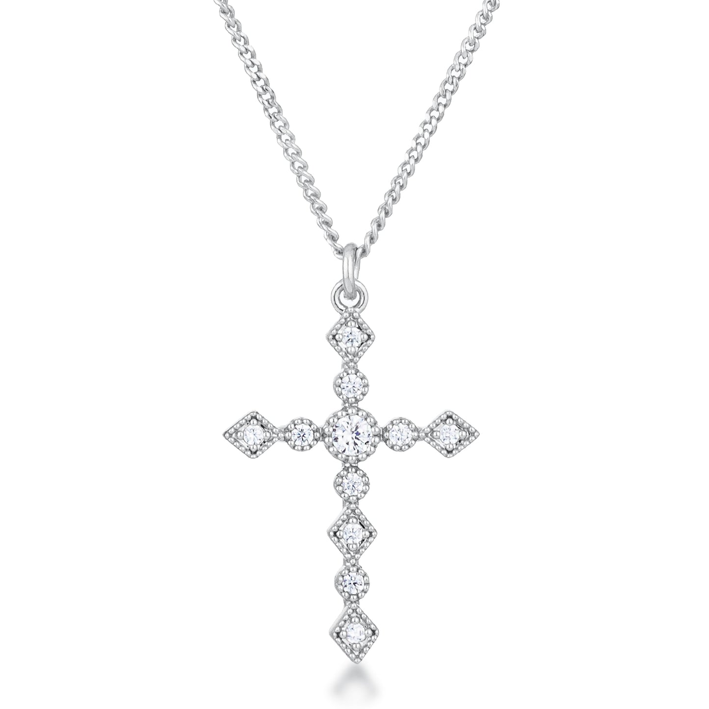 Dainty Art Deco Rhodium Plated Clear CZ Cross Pendant Necklace