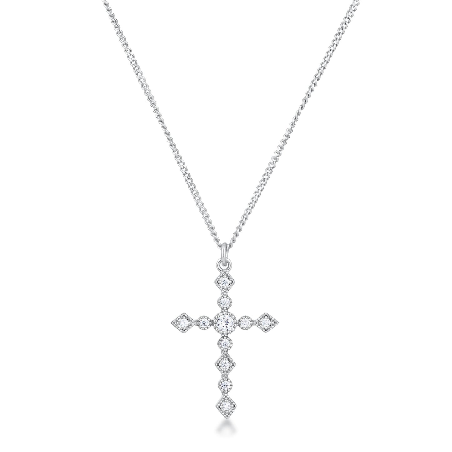 Dainty Art Deco Rhodium Plated Clear CZ Cross Pendant Necklace