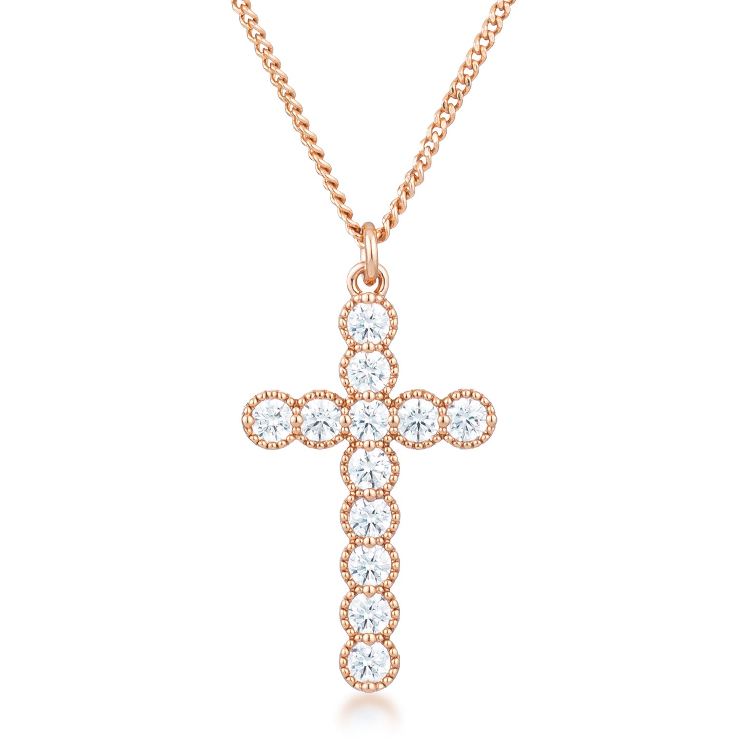 Micro Beaded Rose Gold Plated Clear CZ Cross Pendant Necklace
