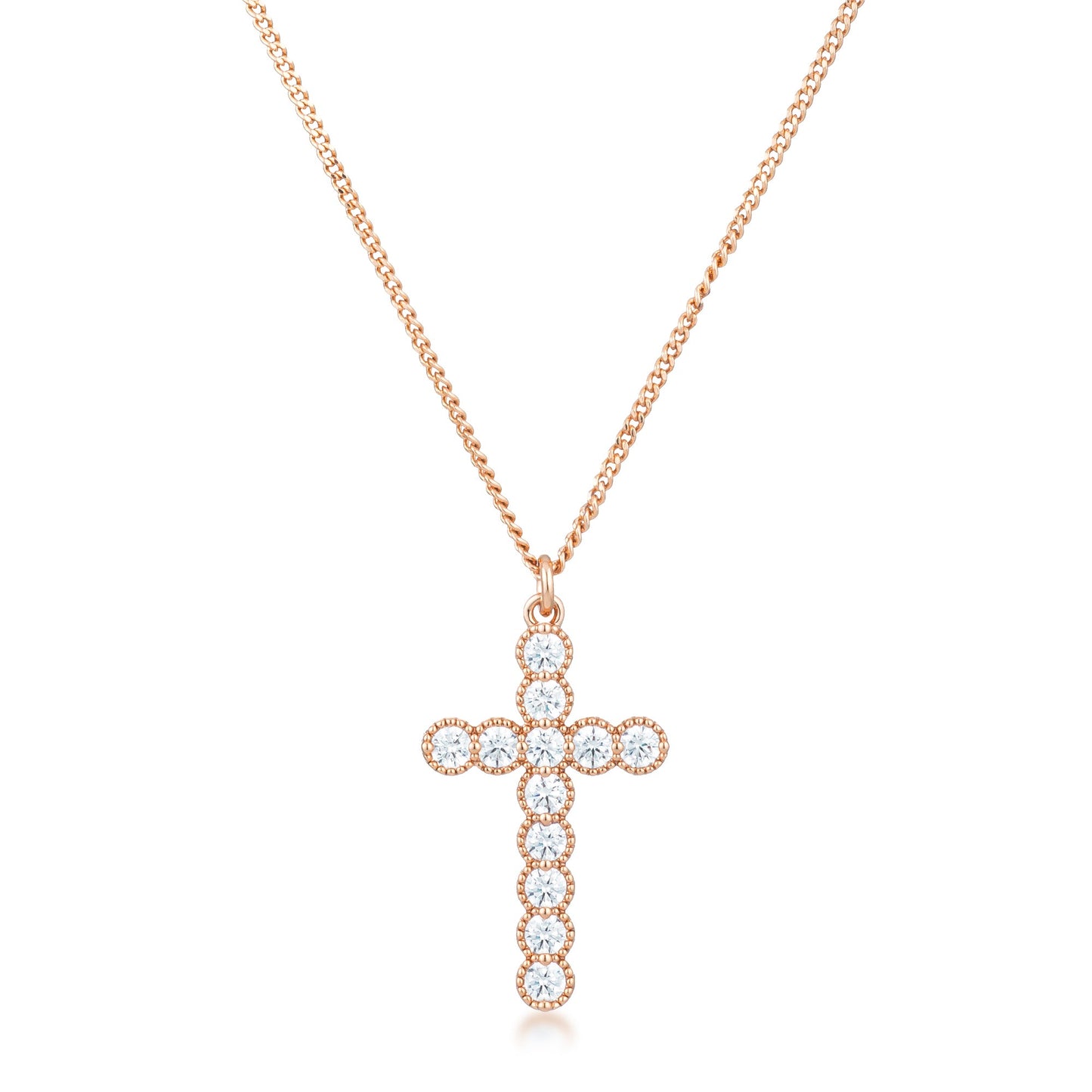 Micro Beaded Rose Gold Plated Clear CZ Cross Pendant Necklace
