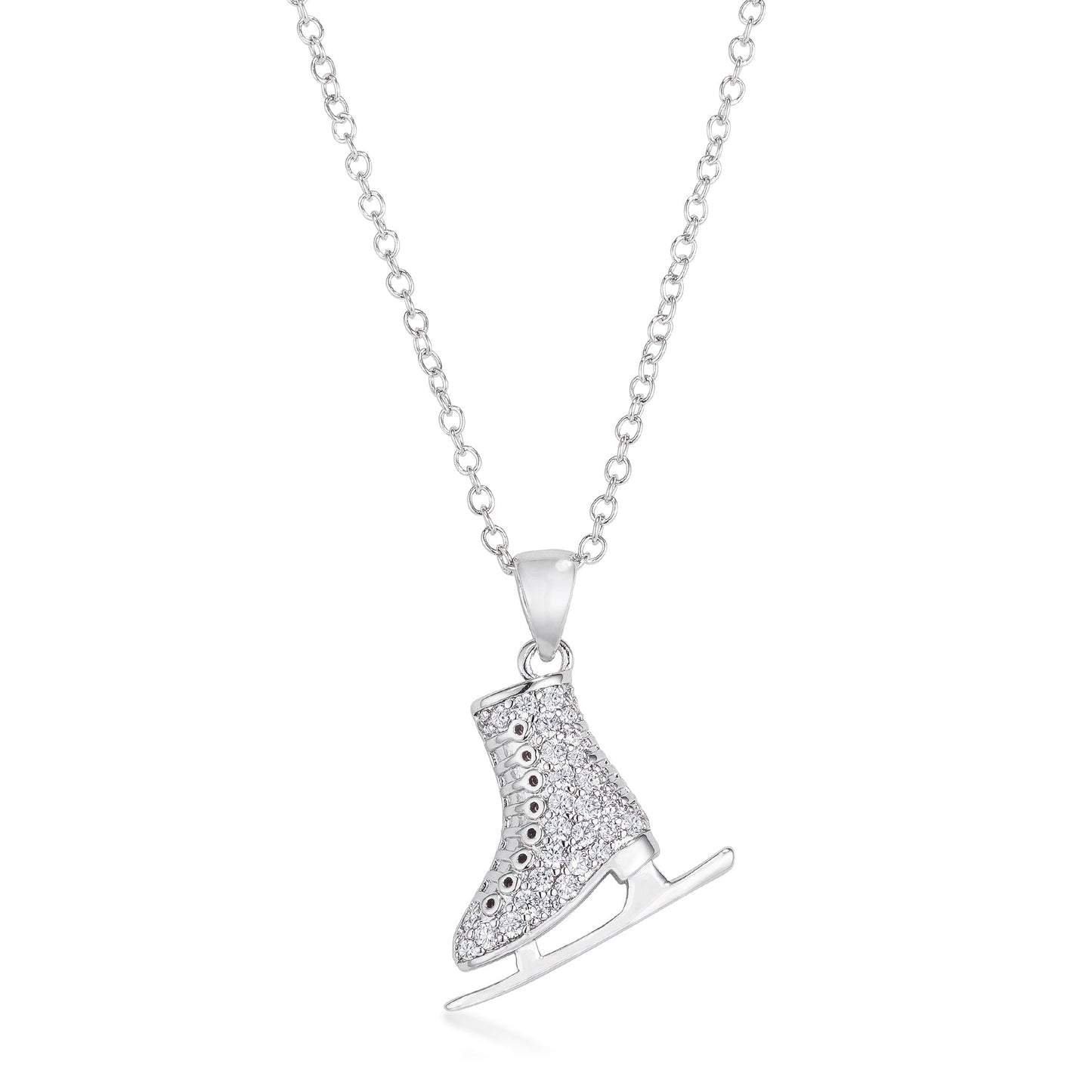 Delicate .4Ct Rhodium Plated Ice Skate Pendant Necklace