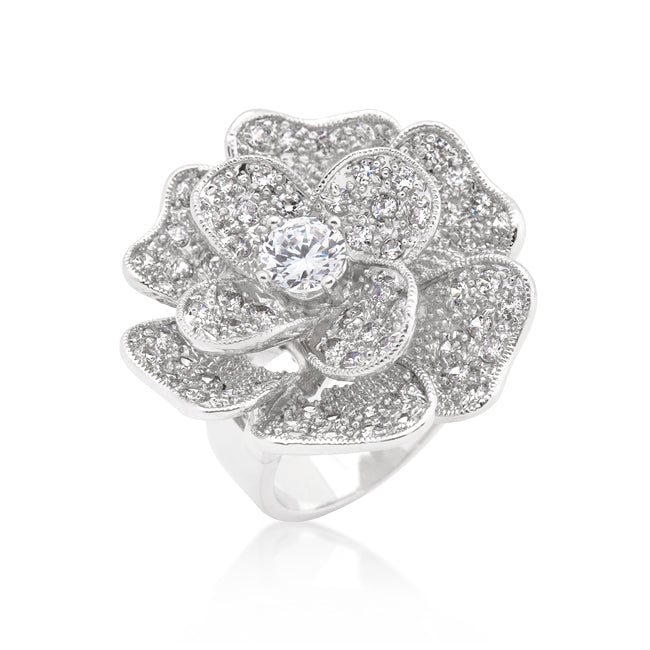 Large Flower Pave Cubic Zirconia Cocktail Ring