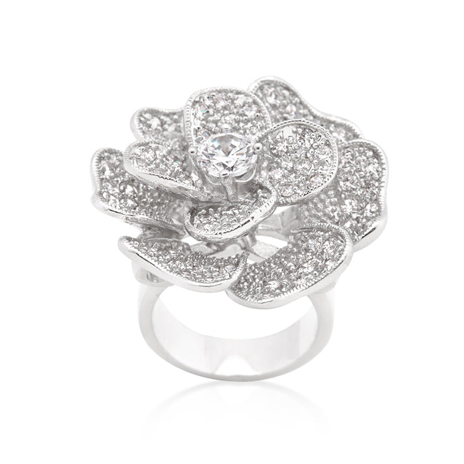 Large Flower Pave Cubic Zirconia Cocktail Ring