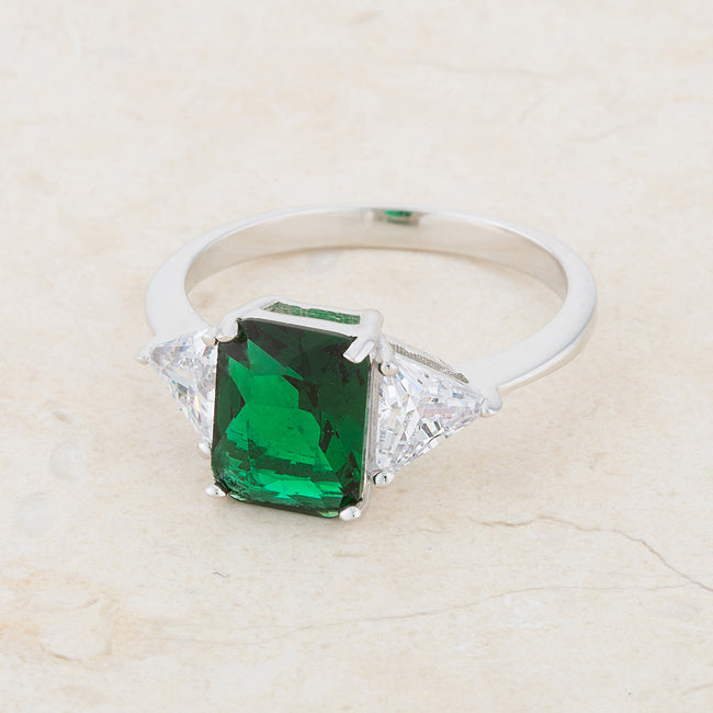 Classic Emerald Rhodium Plated Engagement Ring