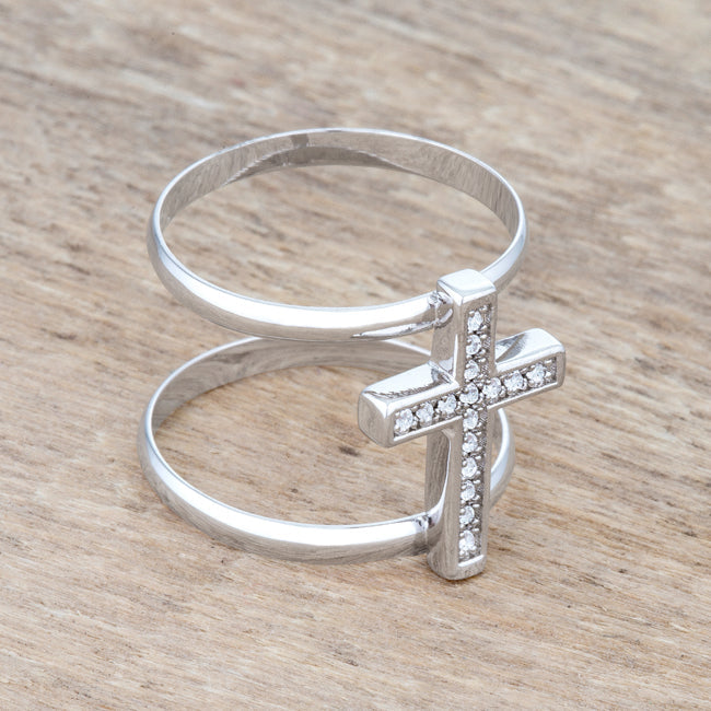 Francis .08CT CZ Rhodium Contemporary Cross Ring
