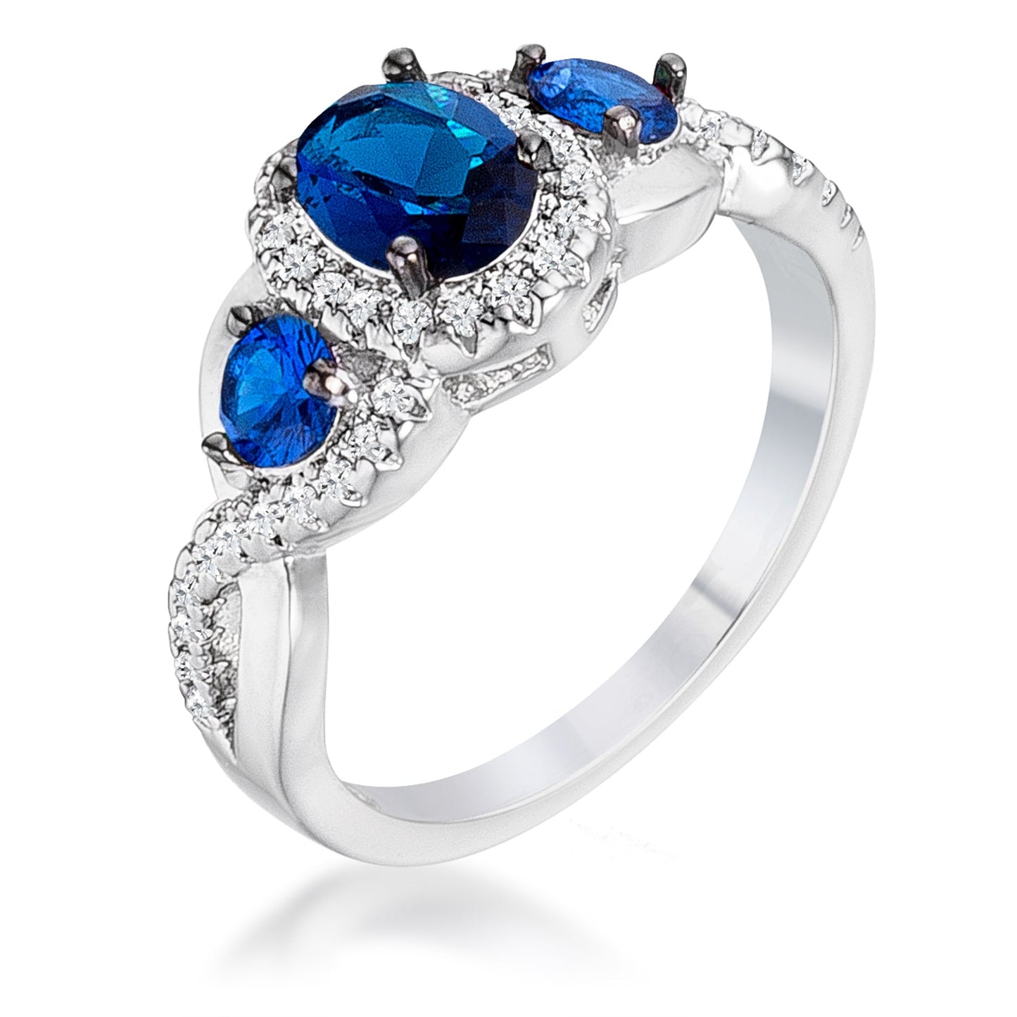 1.43Ct Rhodium & Hematite Plated Sapphire Blue & Clear CZ Three Stone Twisted Ring