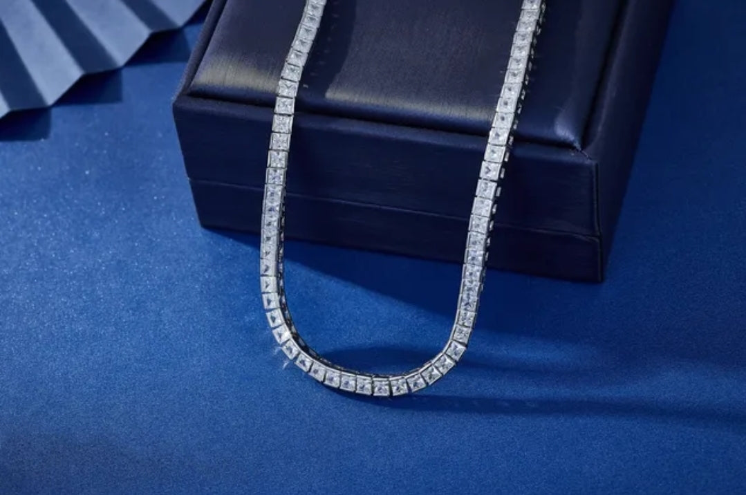 Exquisite Princess Cut Square Cubic Zirconia Sterling Silver CZ Tennis Necklace