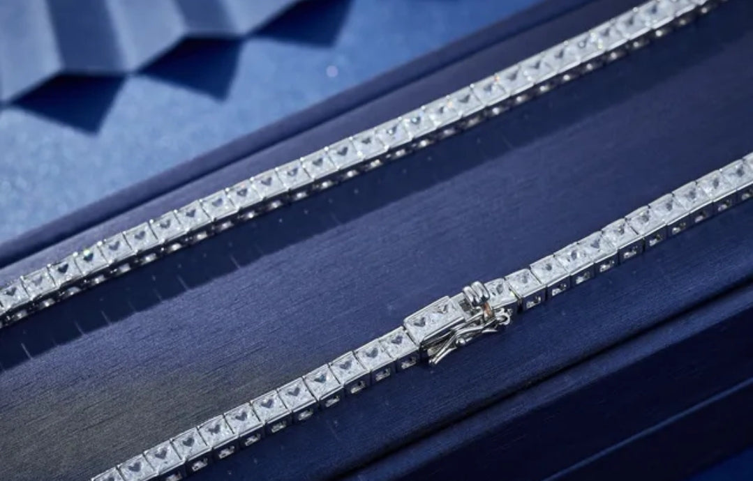 Exquisite Princess Cut Square Cubic Zirconia Sterling Silver CZ Tennis Necklace