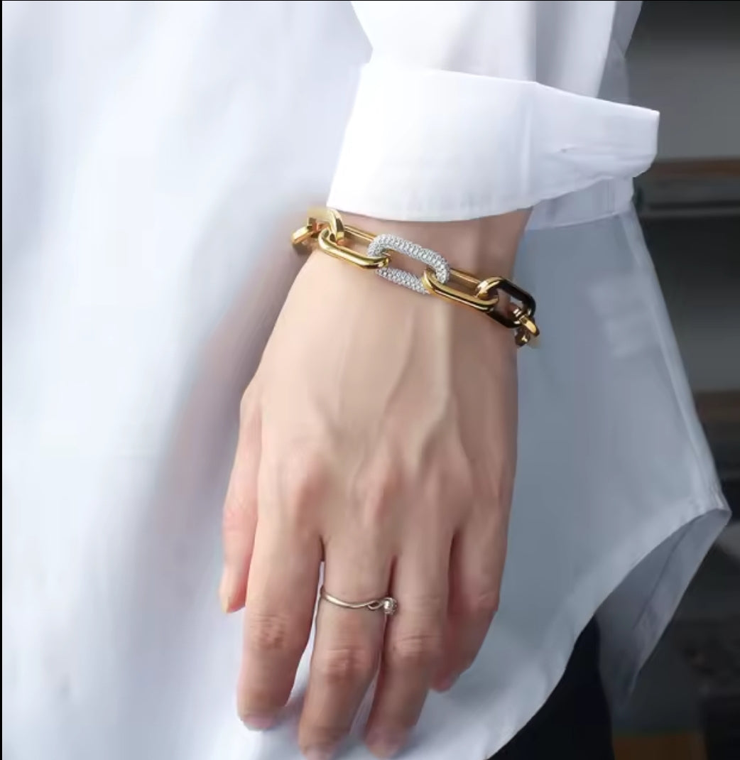 Unisex Paper Clip Link Pave Link Cubic Zirconia Chain Bracelet