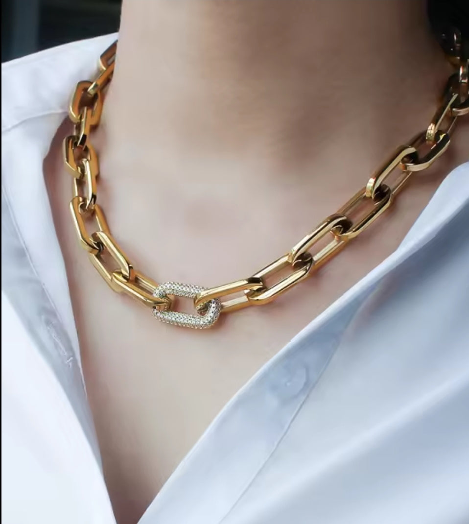 Unisex Paper Clip Link Pave Cubic Zirconia Chain Necklace