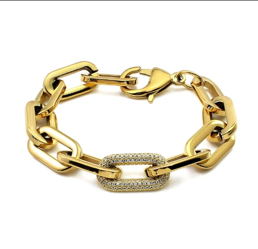 Unisex Paper Clip Link Pave Link Cubic Zirconia Chain Bracelet
