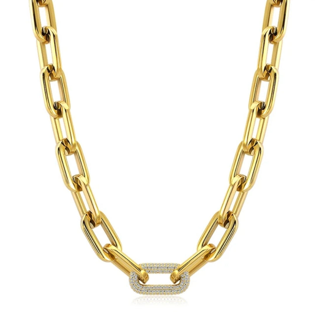 Unisex Paper Clip Link Pave Cubic Zirconia Chain Necklace