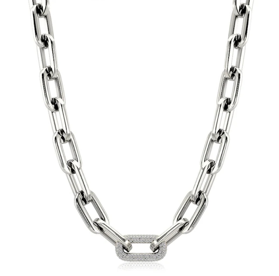 Unisex Paper Clip Link Pave Cubic Zirconia Chain Necklace