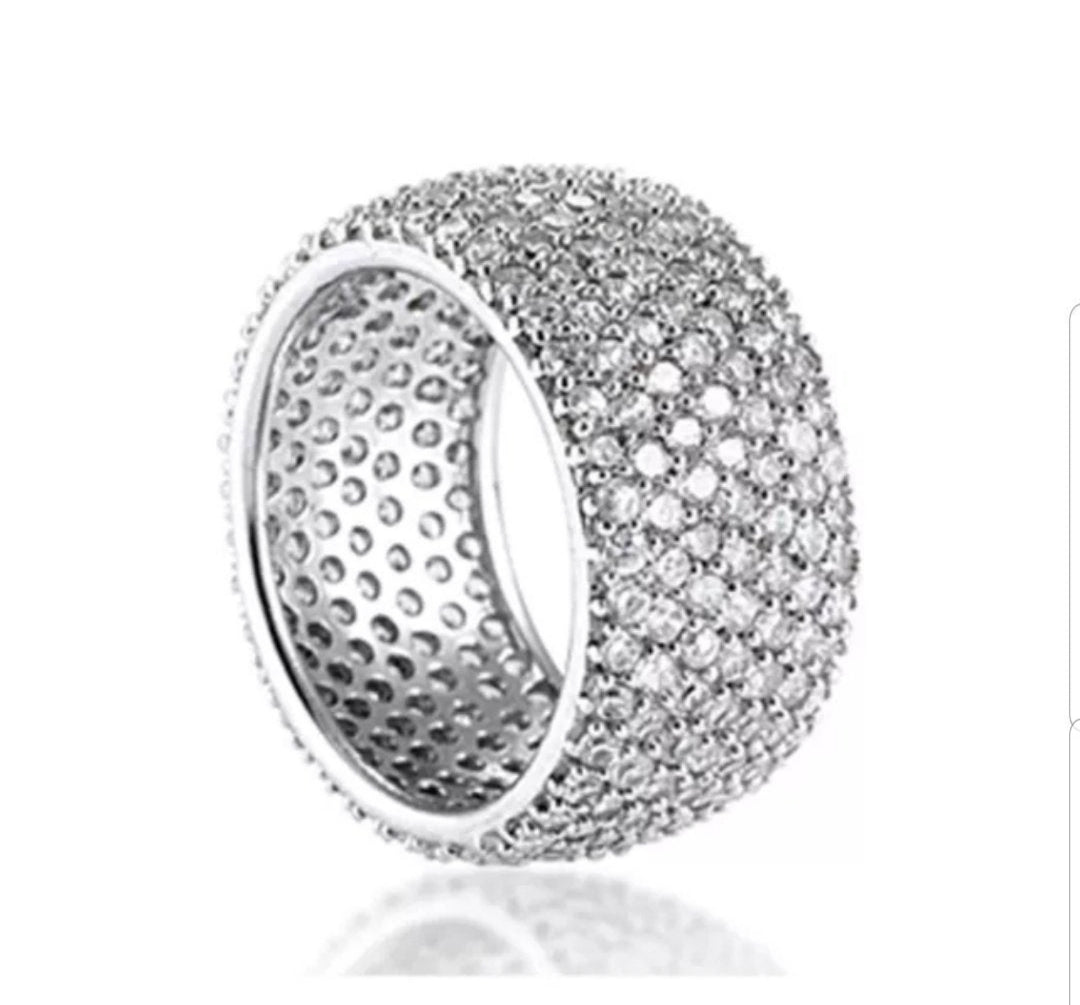 Pave Cubic Zirconia Wide Sterling Silver Eternity Band Ring
