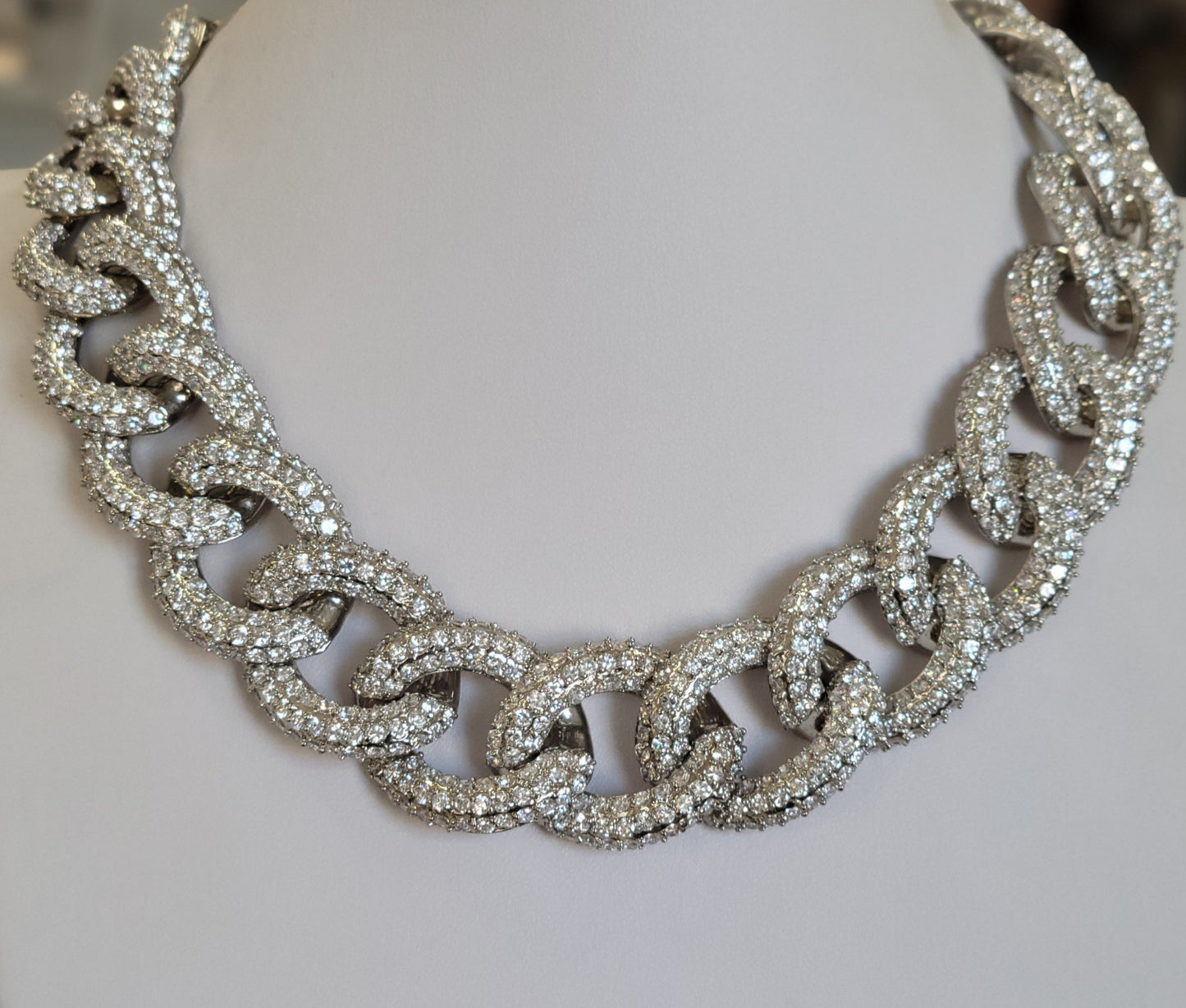 Large Sterling Silver Curved Cubic Zirconia Link Necklace