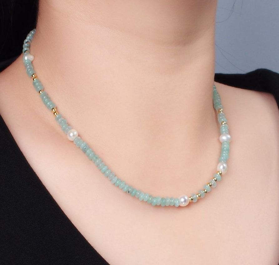 Handmade Green Amazonite Rondell Beaded Chain Necklace with Fresh Water Pearl 15.55 inch