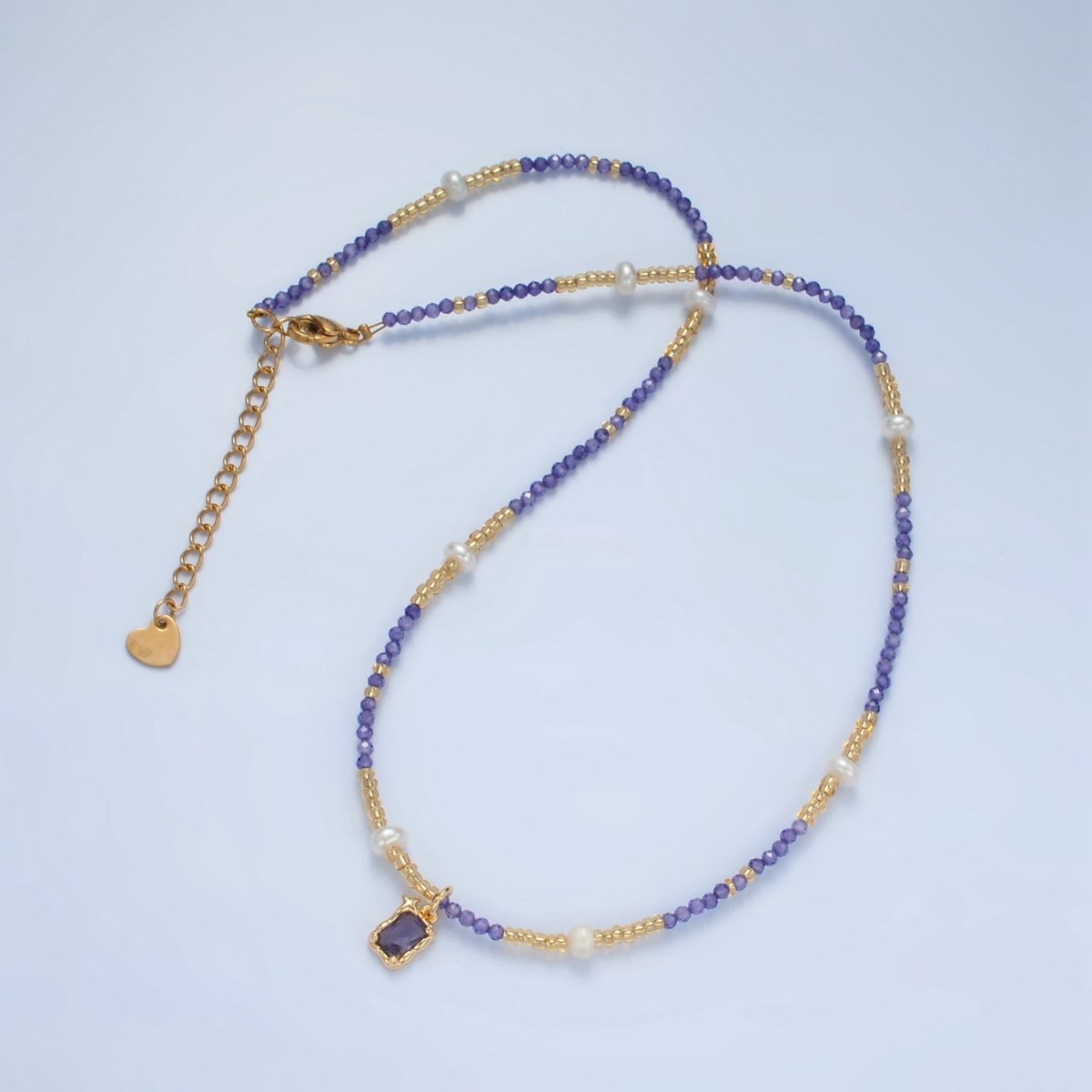 Handmade Purple Amethyst Beaded Gold Filled Chain Necklace with Freshwater Pearl 15.75 inch