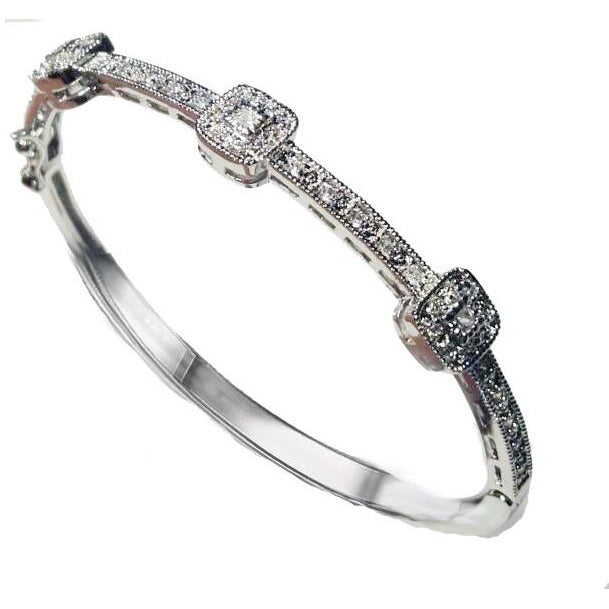 Hinged Sterling Silver Cubic Zirconia 3-Square Station Rhodium Bangle Bracelet